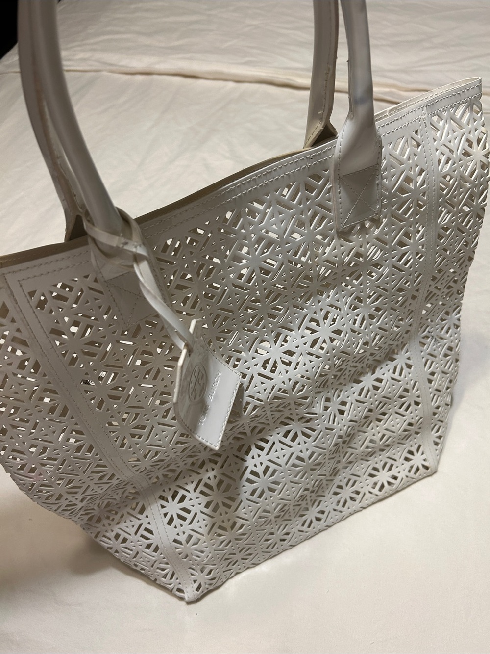 Tory Burch White Laser-Cut Leather Tote with Double Handles